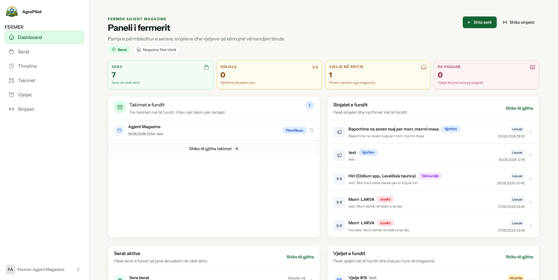 Pamje reale e dashboard-it të fermerit në AgroPilot